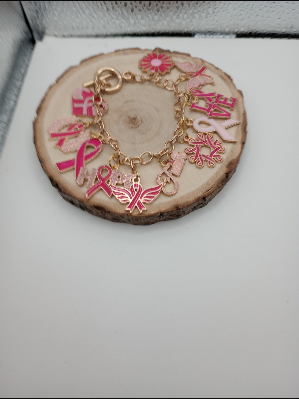 Gold Pink Breast Cancer Awareness Charm Bracelet - Picture 6 of 11